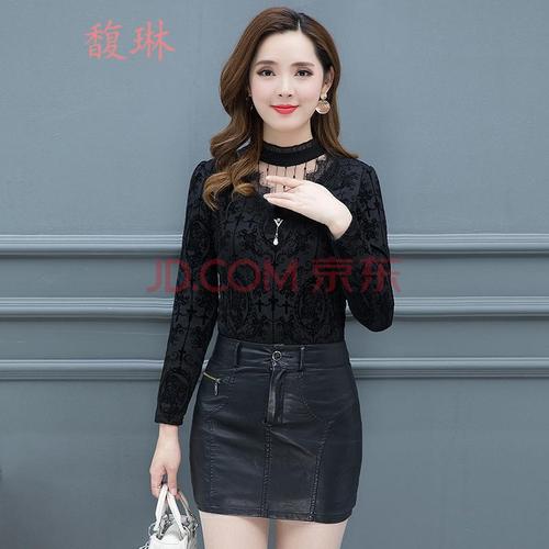 馥琳2019秋冬季新款女装时尚贵夫人印花加绒打底衫短款蕾丝拼接小衫潮